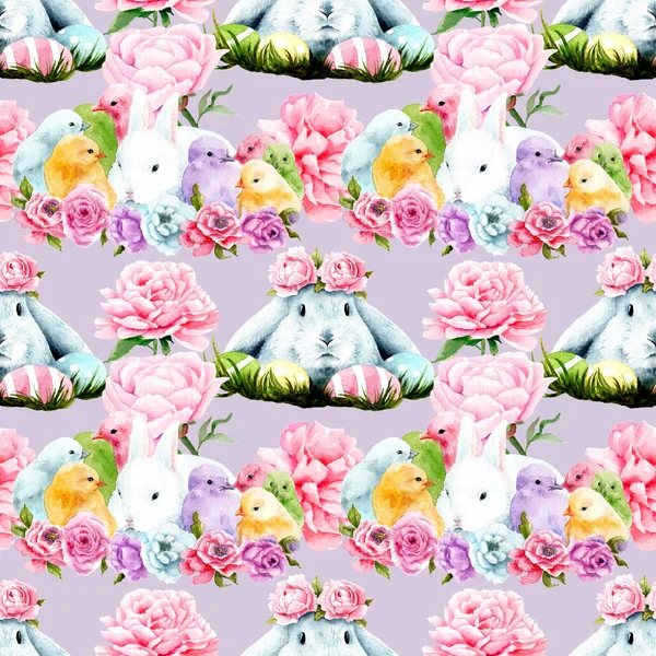 Watercolor drawing of easter bunny with eggs and chickens, flowers peonies — Stock Photo, Image