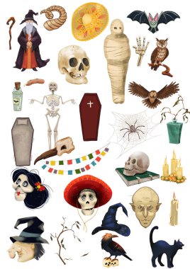 Cadılar Bayramı, Büyü ve Ölüler Günü 'nün yer aldığı dijital bir görüntü. dizayn setiniz için