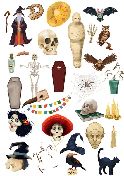Cadılar Bayramı, Büyü ve Ölüler Günü 'nün yer aldığı dijital bir görüntü. dizayn setiniz için