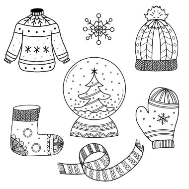 Çizgi çalışması. Kalın giysiler, kar tanesi ve kar küresi. Tasarımın için..