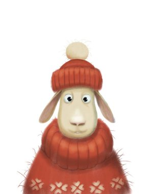 Şapka ve süveter giymiş bir Noel koyunu çizimi