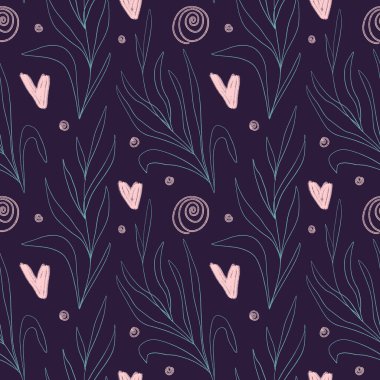 Kalpleri ve bitkileri olan kusursuz bir ana hat deseni. Dizaynınız için mor bir arkaplanda.