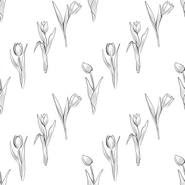 Lale çiçeklerinin doğrusal çizimlerinin kusursuz deseni. Asgari vektör illüstrasyonu.