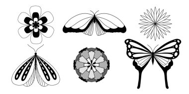 Soyut kelebek ve çiçeklerin ana hatları. Asgari vektör illüstrasyonu.