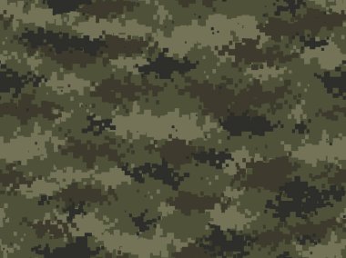 Kamuflaj kusursuz desen. Piksel kamuflaj. Askeri dokular. Sonsuz dijital ordu geçmişi. Giysilerinde kumaş izi var. Vektör illüstrasyonu