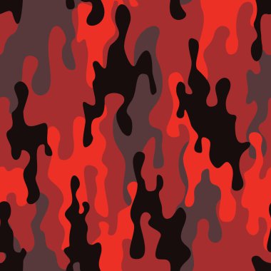 Kamuflaj kırmızı. Askeri dokular. Koyu arkaplandaki kırmızı noktalardan soyut kamuflaj. Giysilerinde kumaş izi var. Vektör