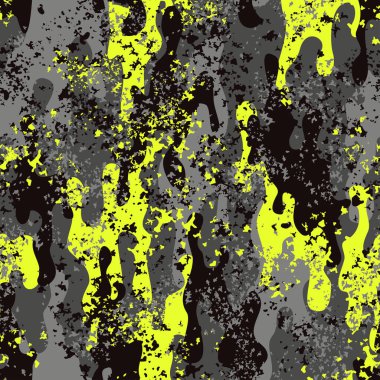 Kamuflaj. Askeri dokular. Gri arkaplandaki sarı noktalardan soyut kamuflaj giysilerdeki kumaş baskısı. Vektör