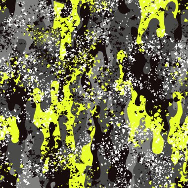 Kamuflaj. Askeri dokular. Gri arkaplandaki sarı noktalardan soyut kamuflaj giysilerdeki kumaş baskısı. Vektör