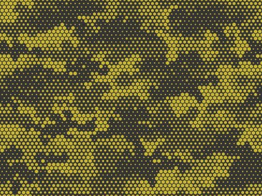 Kamuflaj kusursuz desen. Altıgen elementlerden soyut kamuflaj. Sonsuz askeri yapı. Kumaş ve tekstil baskısı. Vektör illüstrasyonu.