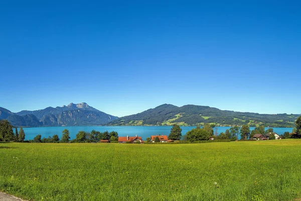 Вид Аттерсі Найбільшим Озером Регіону Зальцкаммергут Австрійському Штаті Верхня Австрія — стокове фото