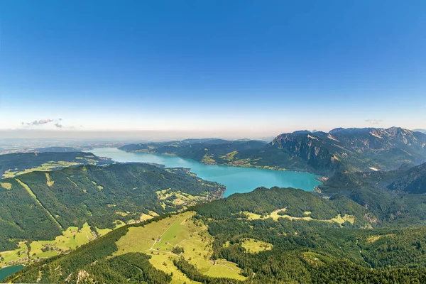 Vista Montanha Dos Alpes Com Lago Attersee Montanha Schafberg Áustria — Fotografia de Stock