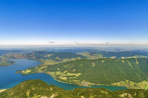 Vista Montanha Dos Alpes Com Lago Mondsee Montanha Schafberg Áustria — Fotografia de Stock