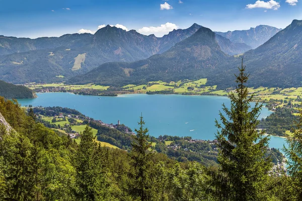 Vista Montanha Dos Alpes Com Lago Wolfgangsee Montanha Schafberg Áustria — Fotografia de Stock