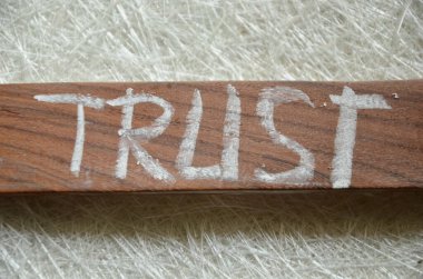 Koyu arkaplanda tahta küplerle yazılmış güven.