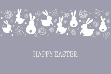 Tavşanlı ve çiçekli Paskalya tebrik kartı. Vektör