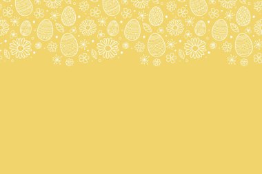 Paskalya arkaplanı, dekoratif yumurta ve çiçeklerle dolu. Vektör