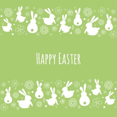 Mutlu Paskalyalar. Tavşanlı ve çiçekli basit bir kart. Vektör