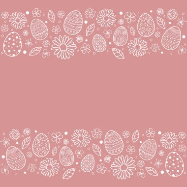 Paskalya arkaplanı kavramı, el yapımı yumurta ve çiçekler. Vektör