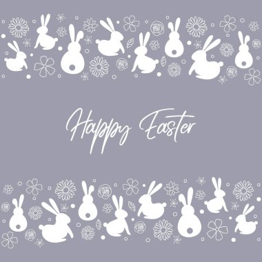 Paskalya tebrik kartı, el çizimi tavşanlar ve çiçekler. Vektör