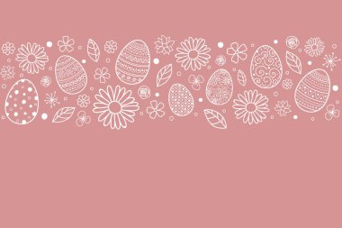 Arka planda paskalya yumurtaları ve çiçekleri var. Vektör