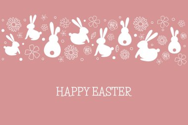 Tavşanlı ve çiçekli Paskalya tebrik kartı. Vektör