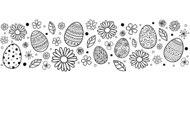 Paskalya arkaplanı, dekoratif yumurta ve çiçeklerle dolu. Vektör