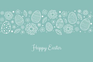 Paskalya tebrik kartı, el yapımı yumurta ve çiçekler. Vektör