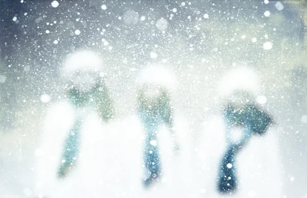 Pozadí Rozmazané Sníh Tří Dívek Boji Proti Blizzard Zimní Oblečení — Stock fotografie