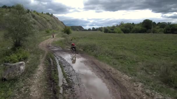 Sport Tourism Cycling Cyclists Ride Rough Terrain Aerial View — Stock Video