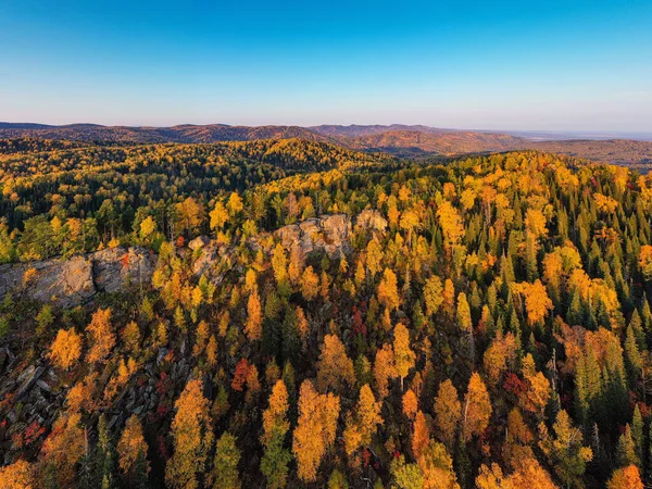 Sonbaharda Altai dağları. Cherginsky tepesi. Belokurikha tatil köyünün çevresi. Hava görünümü.