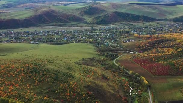 Altai Bergen Herfst Altayskoye Dorp Productiebasis Van Het Bedrijf Visterra — Stockvideo