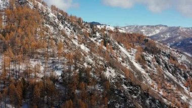 Sonbaharda Altai dağları. Seminsky tepesi. Dağlarda sis var. Hava görünümü.