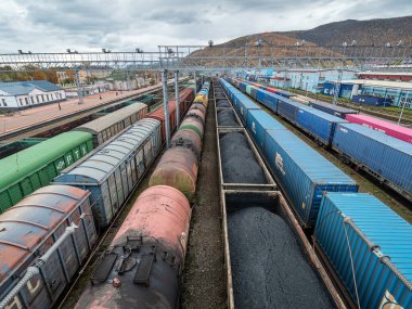 Demiryolu taşımacılığı. Trans-Sibirya demiryolunun bir bölümü, Baykal Gölü kıyısındaki Slyudyanka istasyonunda kömür, petrol ve konteynır taşıyan trenler..