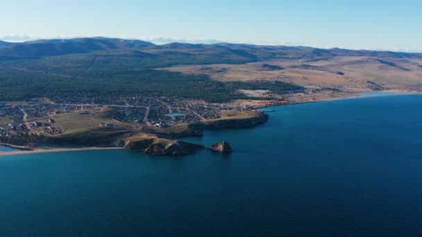 Het Baikalmeer Herfst Olkhon Eiland Khuzhir Dorp Luchtzicht — Stockvideo