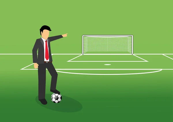 Football manager pointing his finger at goal on the field — Stock Vector