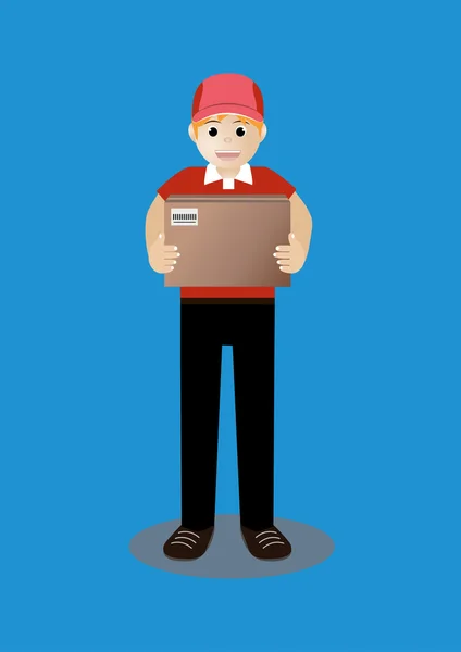 Vector de dibujos animados del hombre en rojo entrega uniforme de paquete de caja — Archivo Imágenes Vectoriales