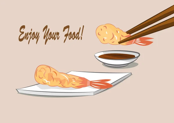 Japán élelmiszer mély sült garnélarák (Tempura mártással) — Stock Vector