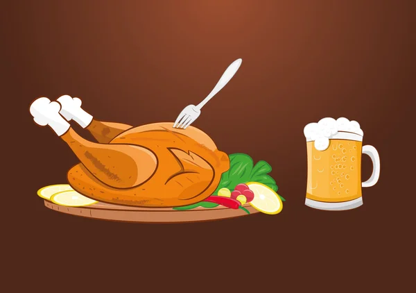 Жареная курица на гриле с кружкой пива — стоковый вектор