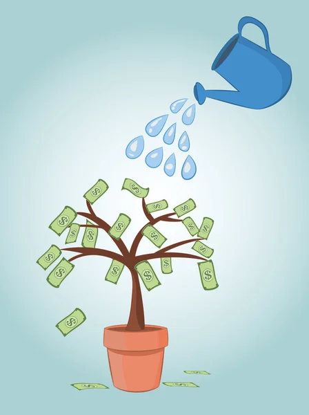 Векторная иллюстрация синей банки, поливающей денежное дерево банкнот в банке. бизнес финансирует инвестирование денег. eps 10 — стоковый вектор