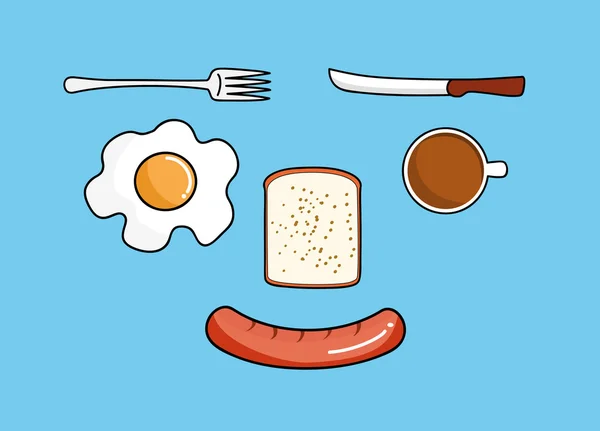 Vektorillustration von Lebensmitteln Frühstücksmahlzeit Kaffee Eierbrot und Wurst — Stockvektor