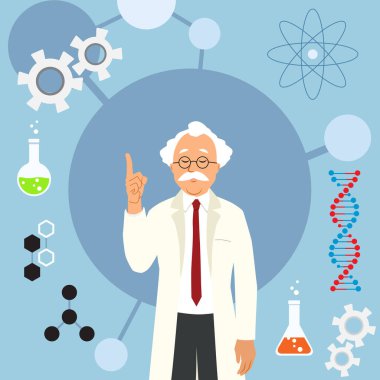 Bilim adamının bir fikri var. Bilim adamı bir fikri olduğunda parmağını kaldırdı. Etrafımızda bilimin çeşitli sembolleri var..