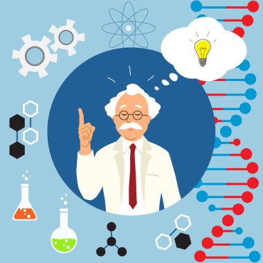 Bilim adamının bir fikri var. Bilim adamının kafasının üstünde, bir bulut sineği, bir buluş veya fikri sembolize eden bir ampul bulunur. Etrafımızda bilimin çeşitli sembolleri var..