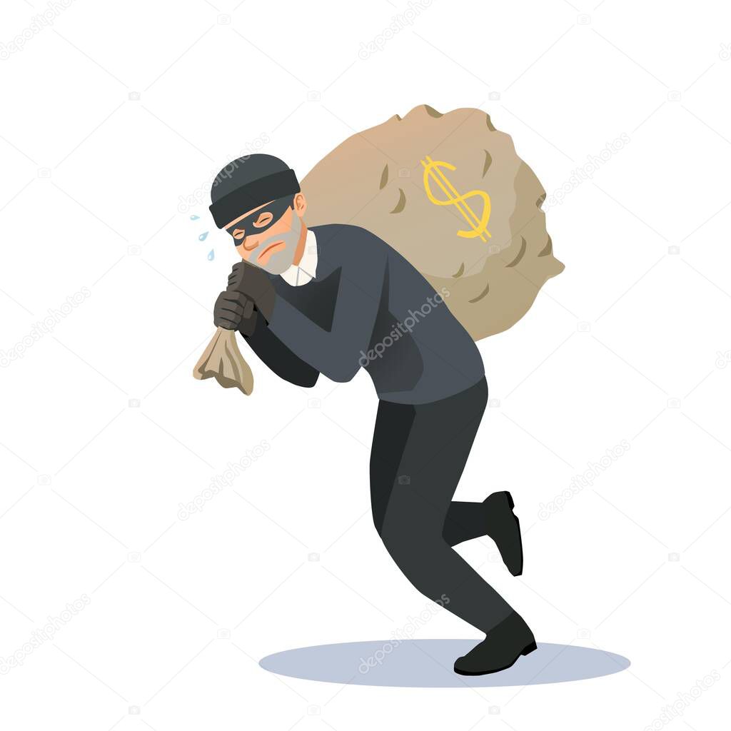 The thief has stolen a large bag of money and is carrying it with great difficulty. The criminal steals money.