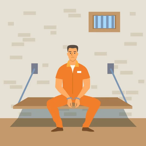 Prisioneiro Fato Laranja Está Sentado Cela Mãos Dele Estão Algemadas Vetor De Stock