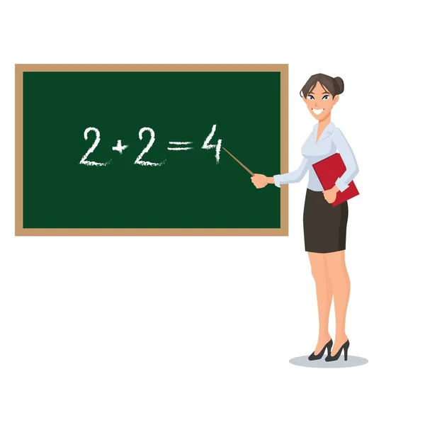 Beautiful Teacher Stands Blackboard Explains Lesson Cartoon Vector Illustration — Stock Vector