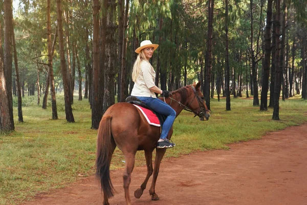 Mladá Žena Košili Slamáku Jezdící Hnědém Koni Parku Ohlížející Přes — Stock fotografie
