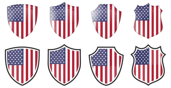 Vertikal Usa Flagga Sköldform Fyra Och Enkla Versioner Amerikansk Ikon — Stock vektor