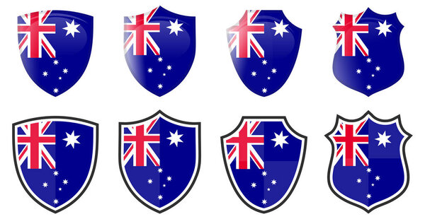 Vertical Australia flag in shield shape, four 3d and simple versions. Australian icon / sign