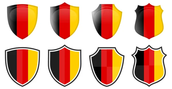 Bandeira Alemã Vertical Forma Escudo Quatro Versões Simples Alemanha Ícone — Vetor de Stock
