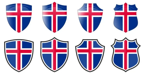 Pionowa Flaga Islandii Kształcie Tarczy Cztery Wersje Proste Islandzka Ikona — Wektor stockowy